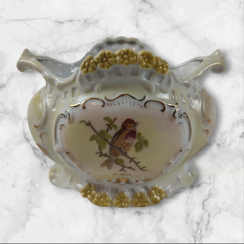 Antique Victorian Bird Hand Painted Porcelain Jardiniere Centerpiece